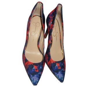 Jessica Simpson Pointed Toe Stiletto Pumps Red‎ Blue Abstract Print Size 6.5